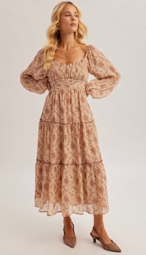 Picture This Lurex Chiffon Floral Maxi Dress- Sand