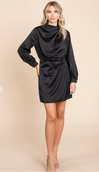 Sabrina Shirred Neck Satin Dress- Black