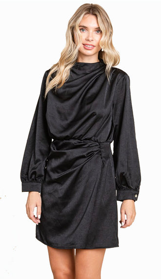 Sabrina Shirred Neck Satin Dress- Black