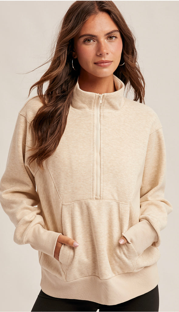 It's Lux Half Zip Up Wool Knit Sweatshirt- Ecru