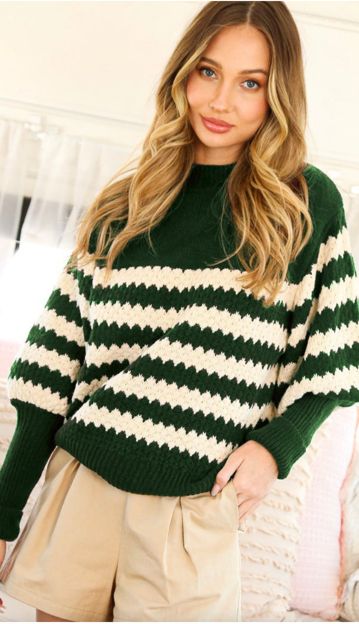 Lyia Puff Sleeve Stripe Sweater- Green