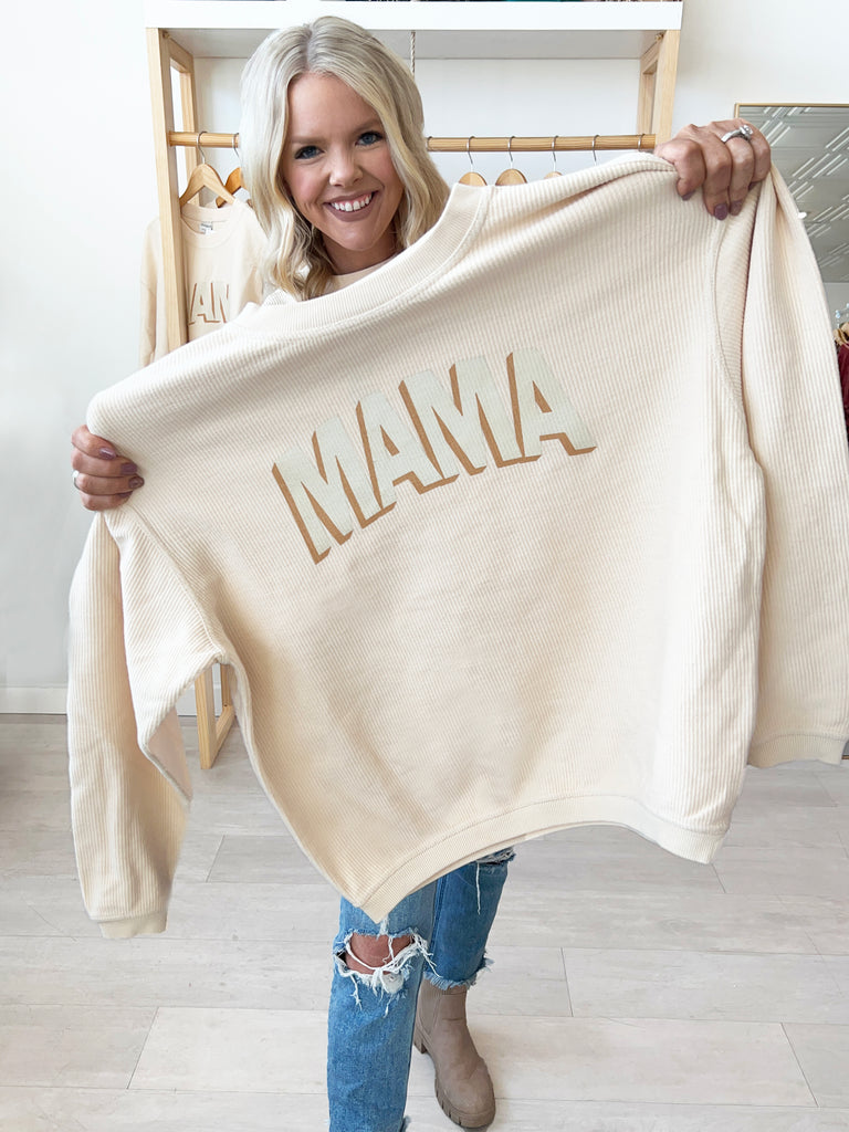 Mama Corded Crewneck Sweatshirt- Light Taupe/Cognac
