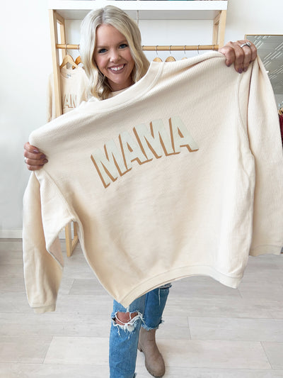 Mama Corded Crewneck Sweatshirt- Light Taupe/Cognac
