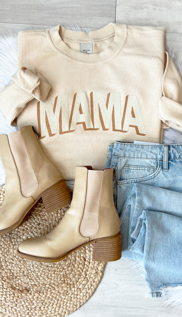 Mama Corded Crewneck Sweatshirt- Light Taupe/Cognac