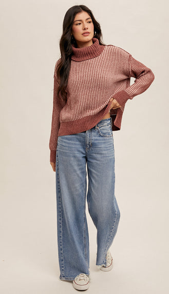 Ensley Two Tone Chenilee Sweater- Dark Mauve