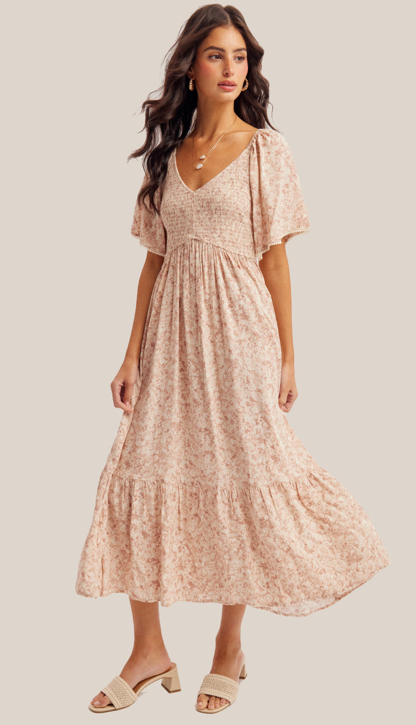 flutter sleeve formal dress With Grace Flutter Sleeve Smocked Maxi Dress- Mauve