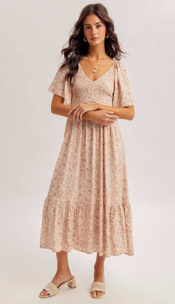 With Grace Flutter Sleeve Smocked Maxi Dress- Mauve