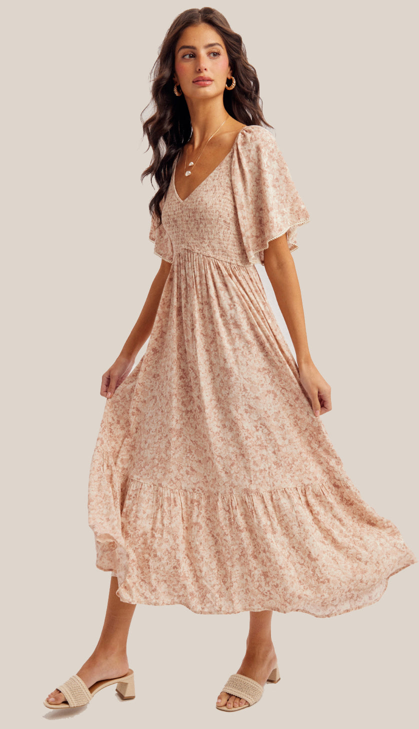 With Grace Flutter Sleeve Smocked Maxi Dress- Mauve With Grace Flutter Sleeve Smocked Maxi Dress- Mauve