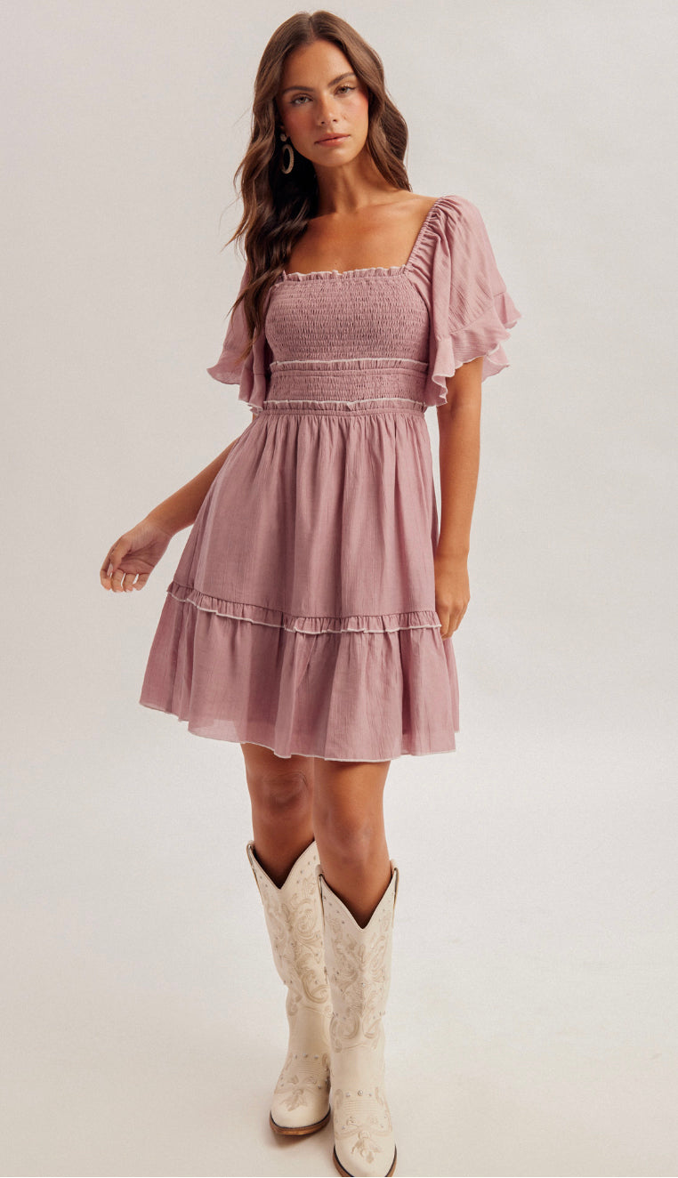To The Heart Square Neck Flutter Sleeve Dress- Mauve