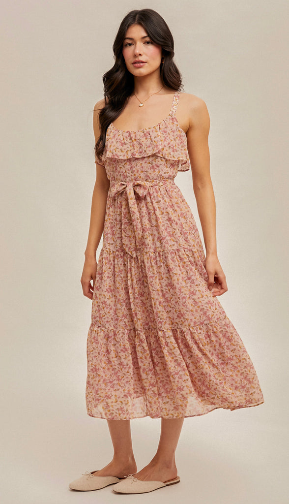 Mabel Ruffle Tiered Floral Midi Dress- Pink