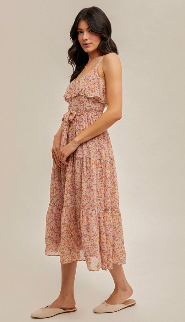 Mabel Ruffle Tiered Floral Midi Dress- Pink