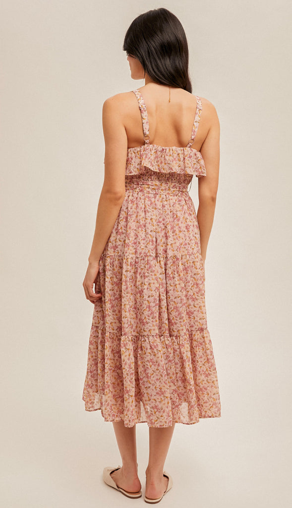 Mabel Ruffle Tiered Floral Midi Dress- Pink