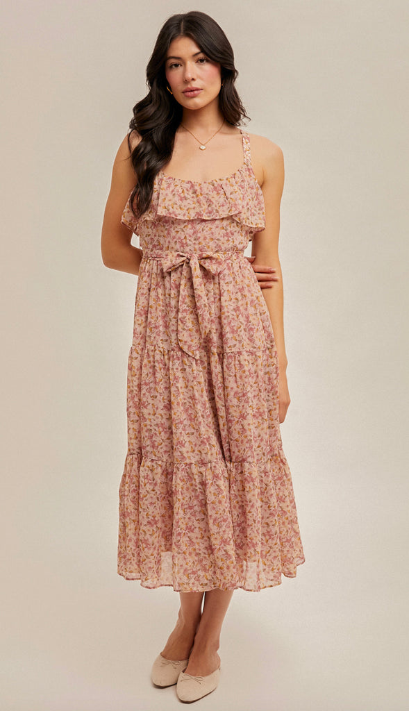 Mabel Ruffle Tiered Floral Midi Dress- Pink