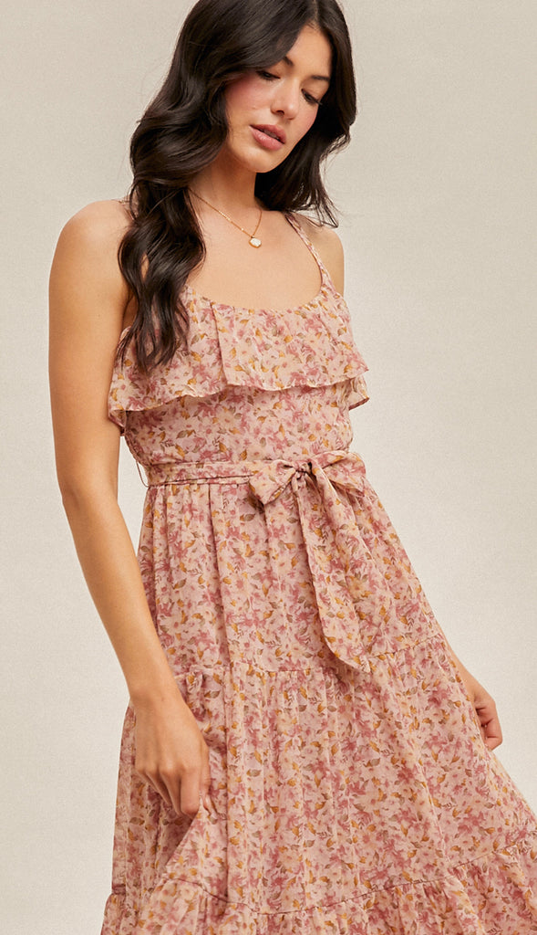 Mabel Ruffle Tiered Floral Midi Dress- Pink