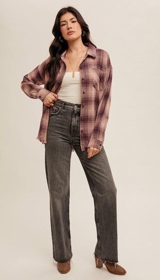 Libby Fringe Distressed Snow Wash Plaid- Mauve