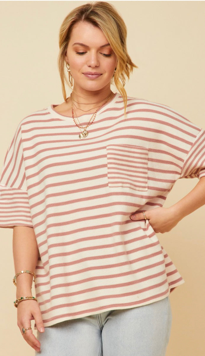Day To Day Waffle Mixed Stripe Knit Tee- Mauve