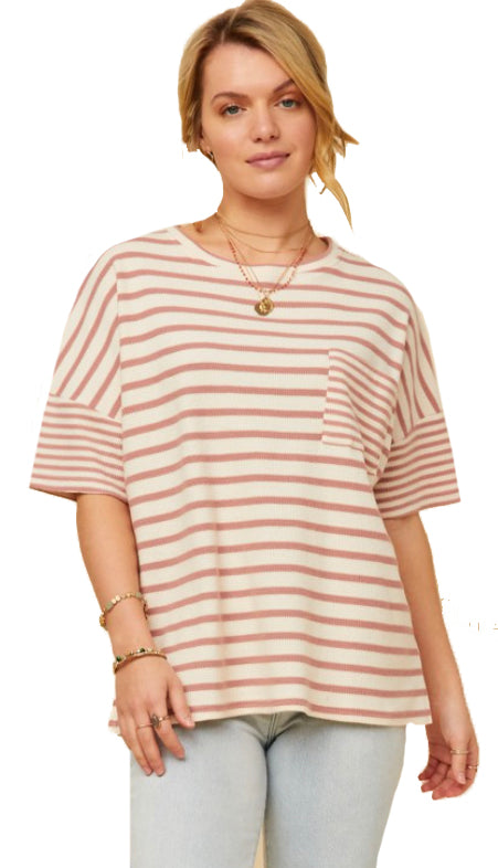 Day To Day Waffle Mixed Stripe Knit Tee- Mauve