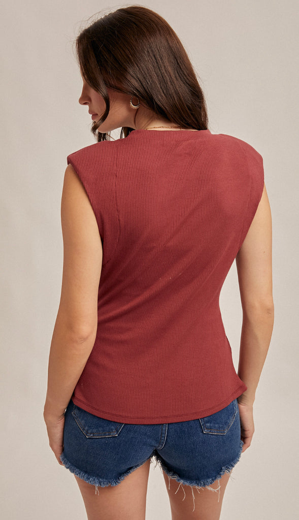 Stacie Rib Asymmetrical Pleat Top- Merlot