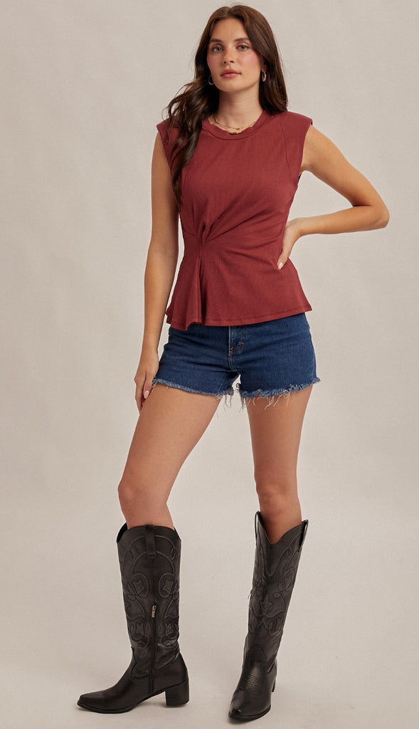 Stacie Rib Asymmetrical Pleat Top- Merlot