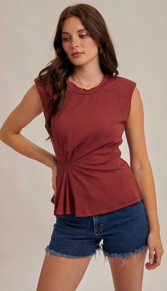 Stacie Rib Asymmetrical Pleat Top- Merlot
