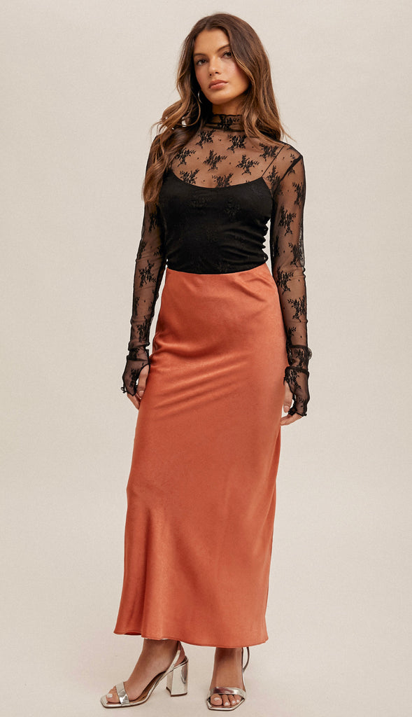 Get After It Mock Neck Lace Mesh Top- Brick