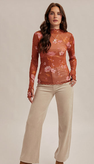 Revival Floral Mesh Print Cabbage Hem Long Sleeve- Burnt Sienna