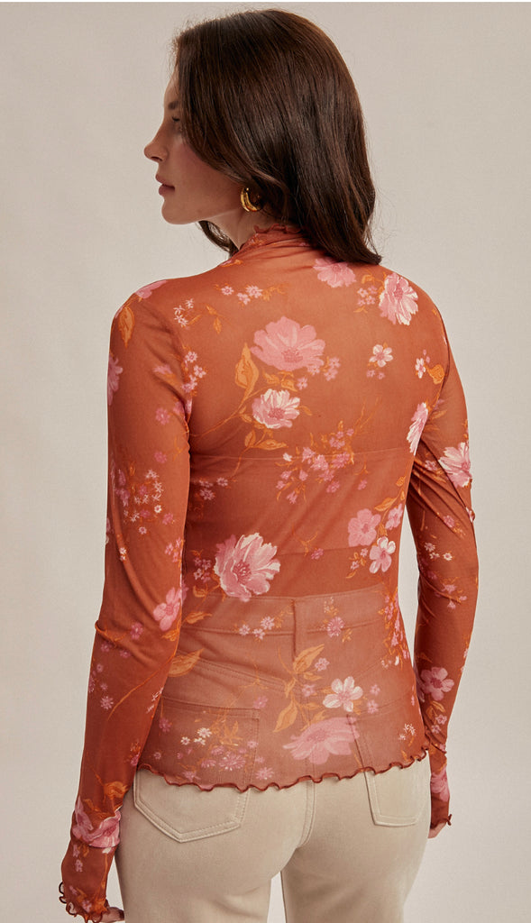 Revival Floral Mesh Print Cabbage Hem Long Sleeve- Burnt Sienna