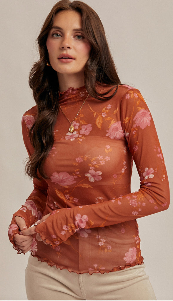 Revival Floral Mesh Print Cabbage Hem Long Sleeve- Burnt Sienna