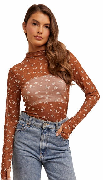 Lincoln Mesh Floral Mock Neck Top- Caramel