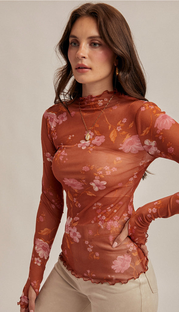 Revival Floral Mesh Print Cabbage Hem Long Sleeve- Burnt Sienna
