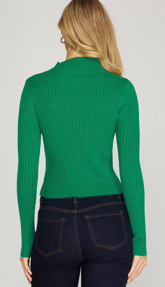 Mia Mock Ribbed Crop Sweater- Green