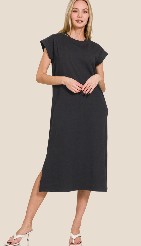 Comfort Is Key Short Sleeve Midi Dress- Black