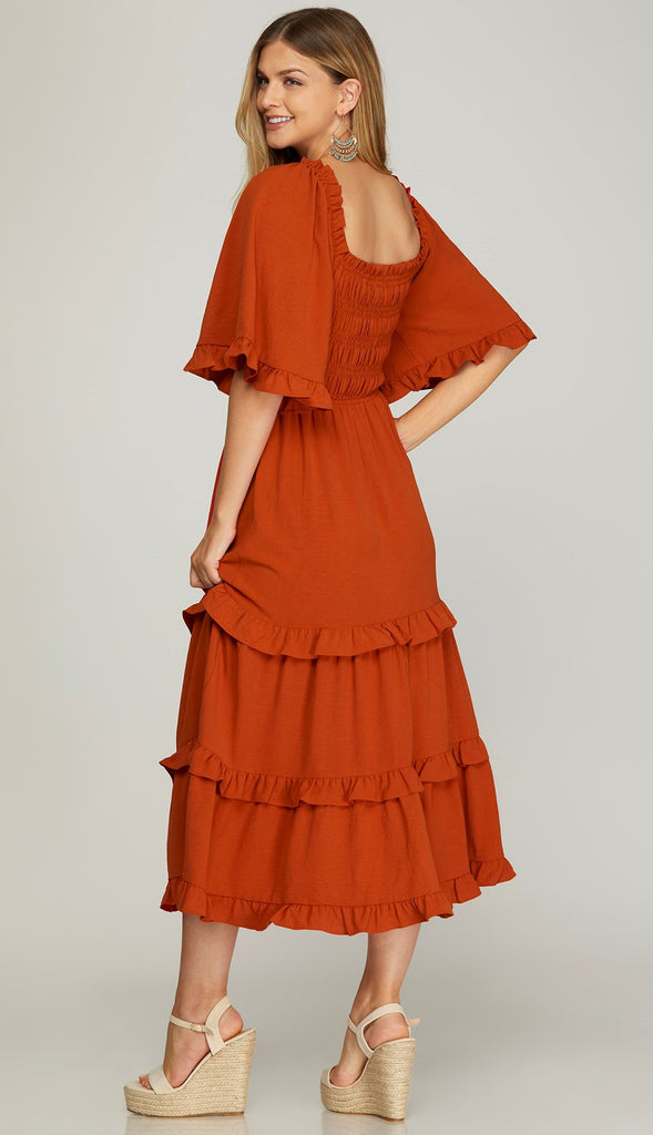 Bethany Bell Sleeve Square Neck Midi Dress- Black