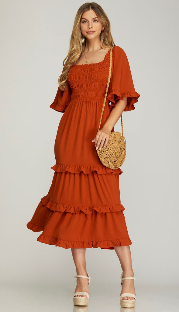 Bethany Bell Sleeve Square Neck Midi Dress- Rust