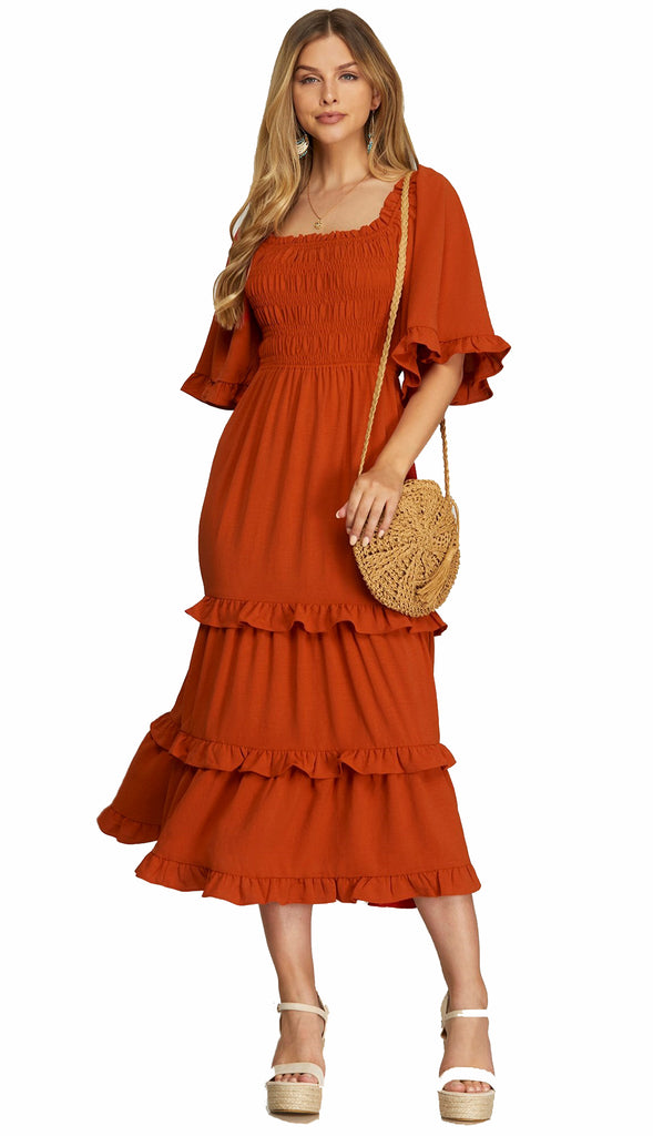 Bethany Bell Sleeve Square Neck Midi Dress- Rust