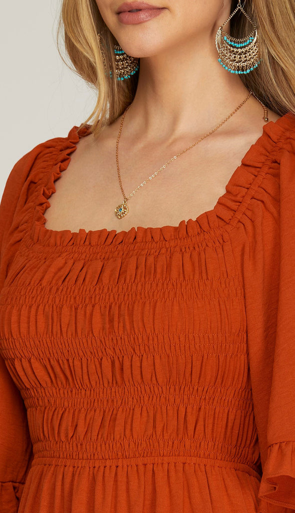 Bethany Bell Sleeve Square Neck Midi Dress- Rust