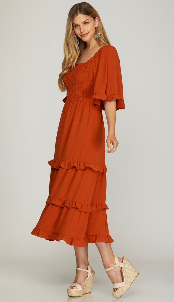 Bethany Bell Sleeve Square Neck Midi Dress- Rust
