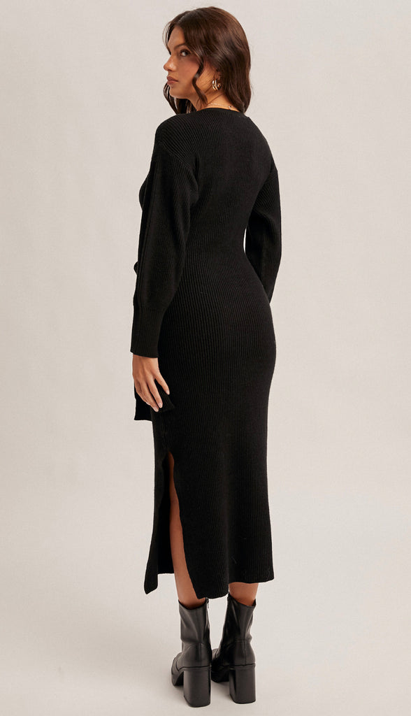 Klaudia Wrap Sweater Midi Dress- Black