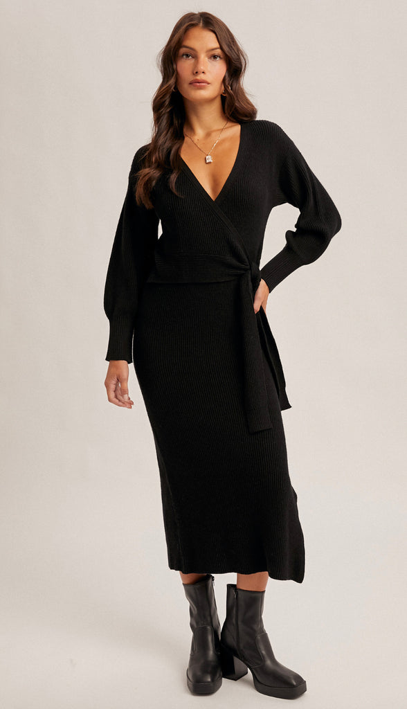 Klaudia Wrap Sweater Midi Dress- Black