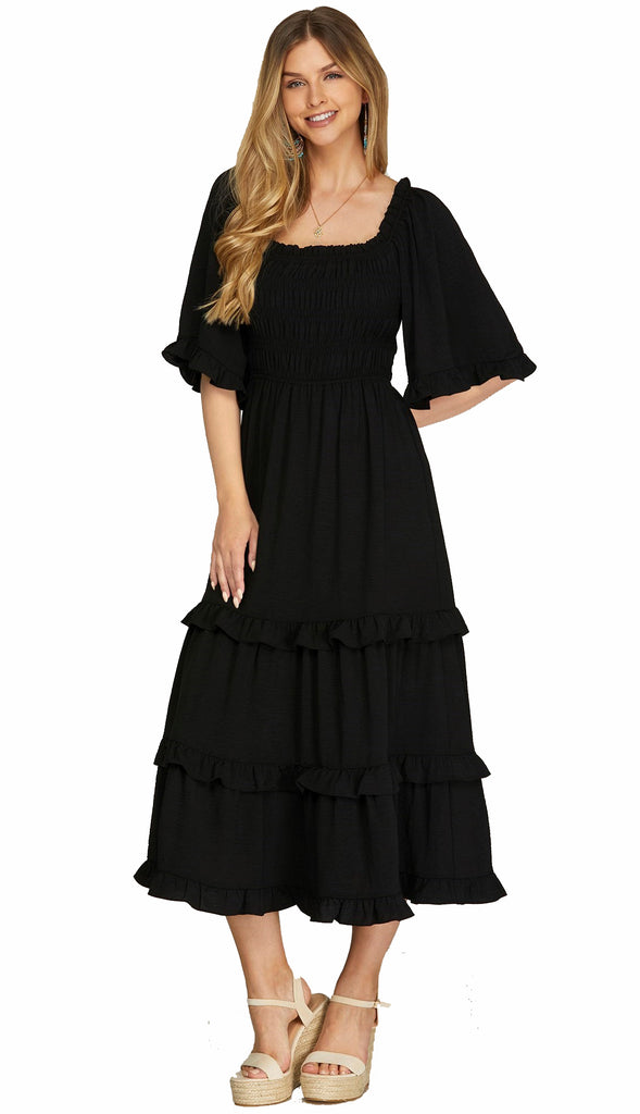 Bethany Bell Sleeve Square Neck Midi Dress- Black