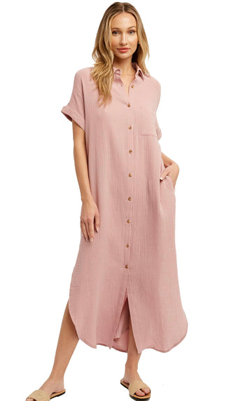 Tori Button Up Midi Shirt Dress- Dusty Pink