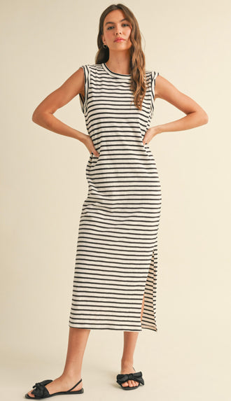 Everyday Ally Casual Stripe Midi Dress- Black