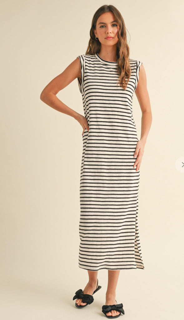 Everyday Ally Casual Stripe Midi Dress- Tan