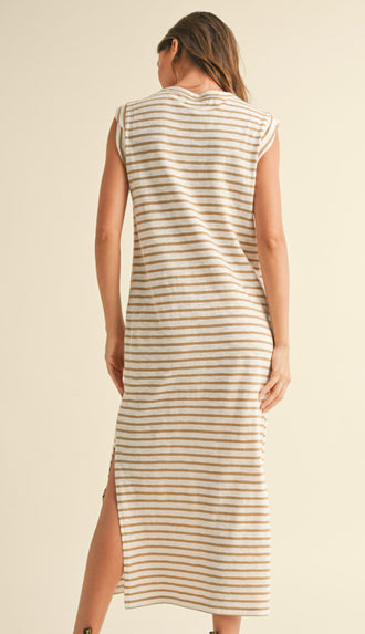 Everyday Ally Casual Stripe Midi Dress- Tan