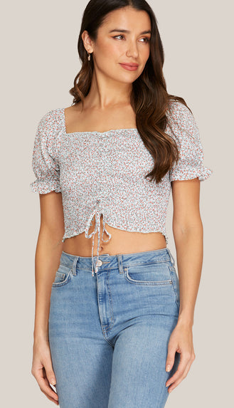 East Coast Puff Short Sleeve Smocked Top- Mint Blush