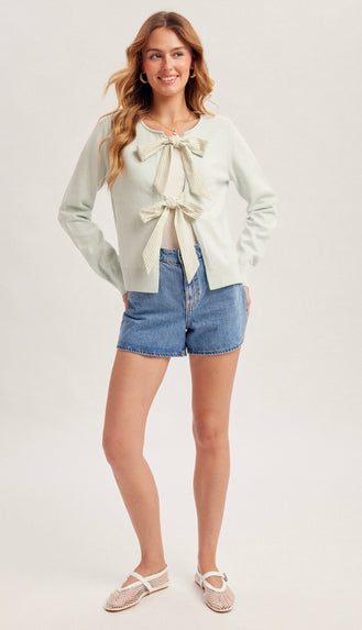 Misty Stripe Bow Sweater Cardigan- Mint