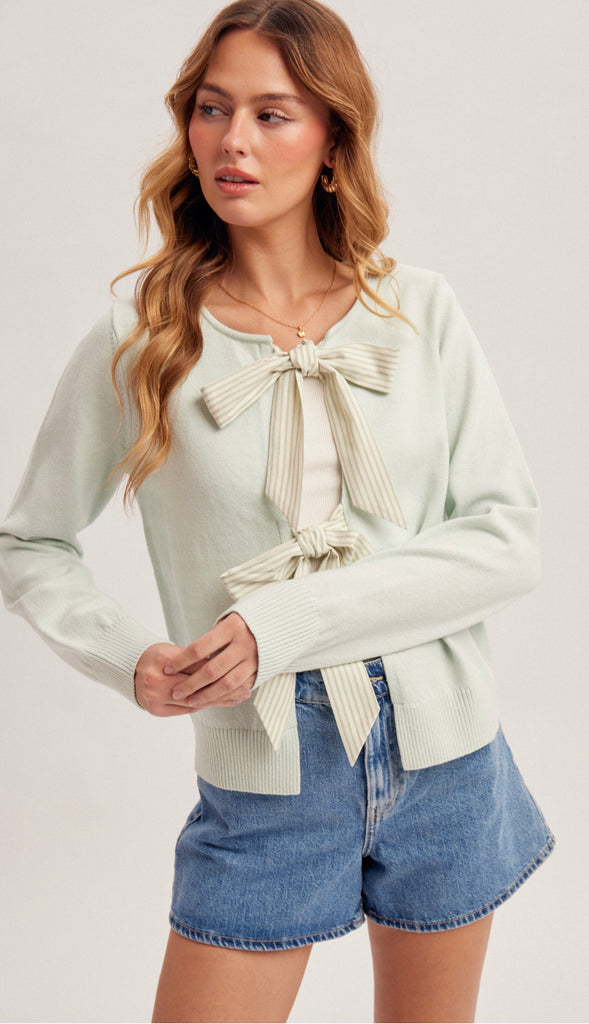 Misty Stripe Bow Sweater Cardigan- Mint