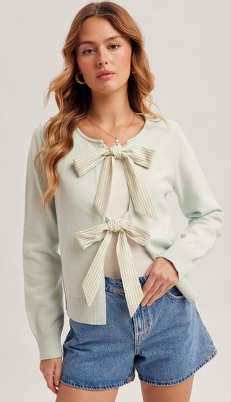 Misty Stripe Bow Sweater Cardigan- Mint