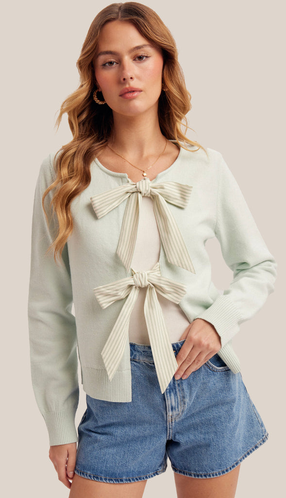 Misty Stripe Bow Sweater Cardigan- Mint
