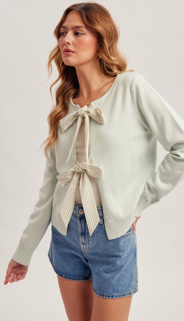 Misty Stripe Bow Sweater Cardigan- Mint